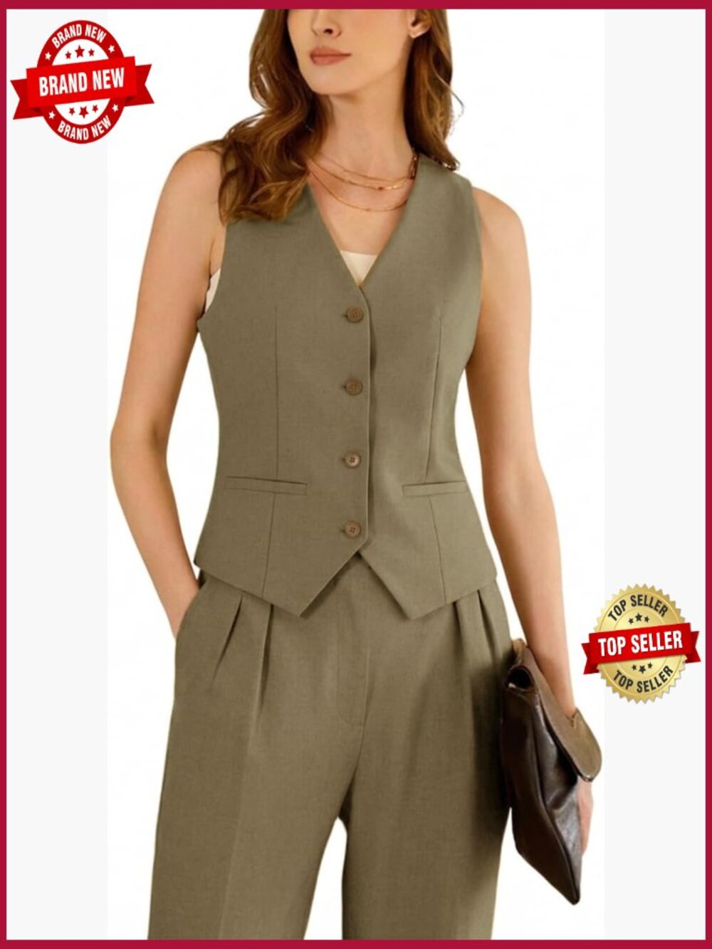 2 Piece Linen Pant Suit for Women Work Office Slim Fit Vest Set